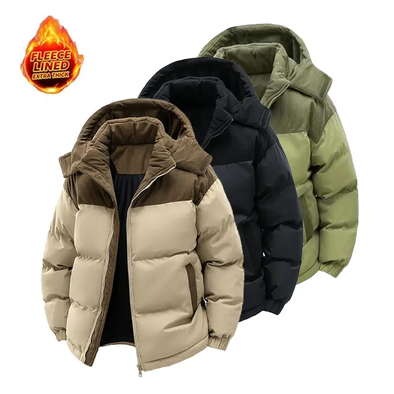 Unisex casual fleece-lined loose winter jacket with detachable hood; warm color-block cotton jacket; couples’ winter cotton apparel; windproof and cold-resistant; couples’ warm color-block cotton jacket; vintage-style outerwear in khaki, black, and green.
