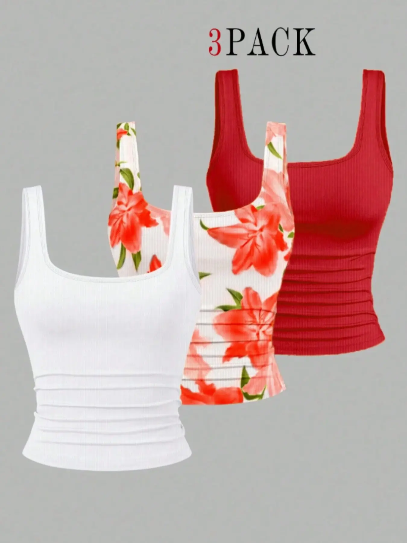 Summer Floral Print Elegant Comfortable Fit Casual Women's Sleeveless Square Neck Vest Tops 3-Piece Set, Stylish and Versatile Summer, Floral Tank Top