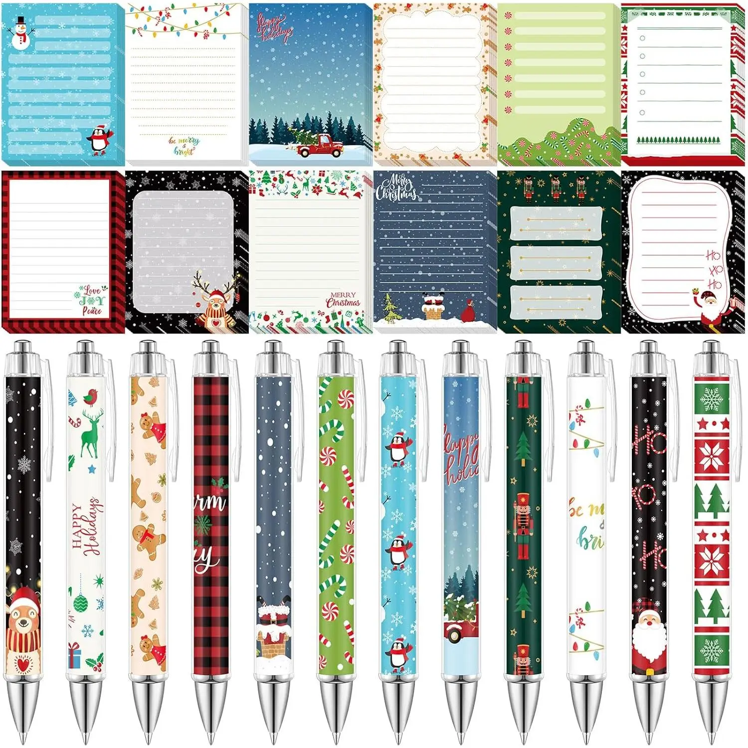 24 count Christmas Sticky Notes with Pens Xmas Gifts Self Adhesive Notepad Cute Memo Notes Pads Black Ink Ballpoint Pen Holiday Office School Students Teacher