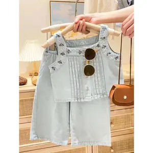 NewGA13121763 Girls' Summer Denim Outfit Pleated Embroidered Vest & Wide-Leg Trousers Set for Outdoor Wear 100% Polyester Non-Stretch Regular Fit Over 3 Years Old