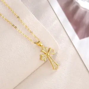 14K Gold-Plated Jesus Cross Pendant Necklace with Sparkling Accents Elegant Religious Jewelry for Thanksgiving Graduation Gifts and Daily Wear