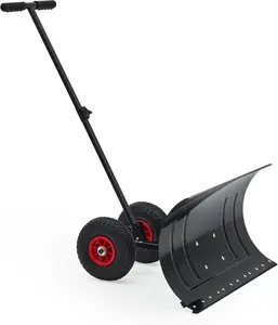 29-in Width Heavy Duty Push Snow Plow Shovel with Metal Blade, Ergonomic Handle, Large Adjustable Handle, Angled Blade, Wheels for Driveway Clearing, Courtyard Snow Removal