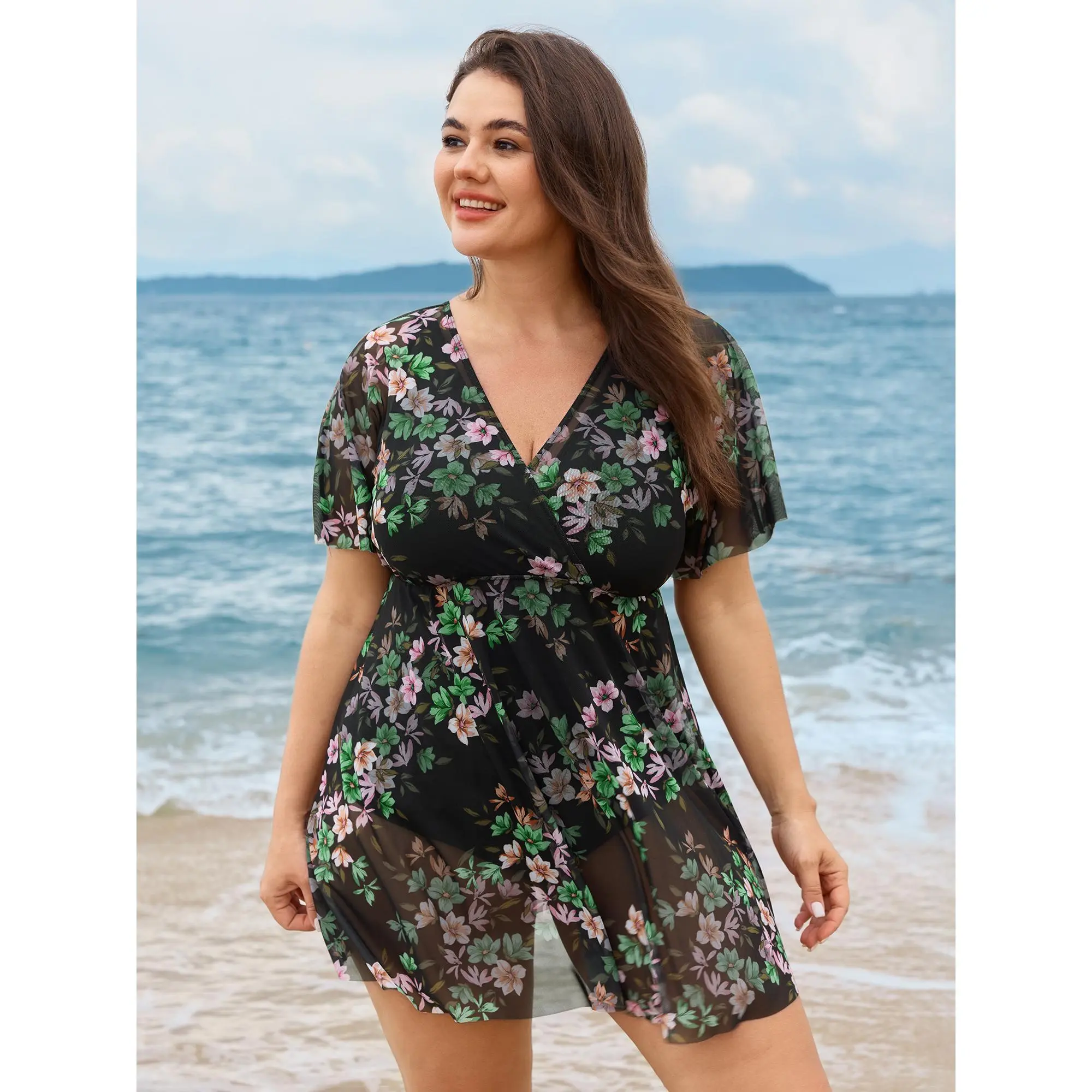 Plus Size Floral Print Bikinidress, V-Neck Ruffle Sleeve Swimsuit with High Stretch and Built-in Bottoms, Floral Print Swimsuit, Ruffle Swimwear, Women's Clothes, Swimming, Polyester, Beach Wear, Nylon, Hip-Flatter, Regular Length, Plus Size Swimsuits