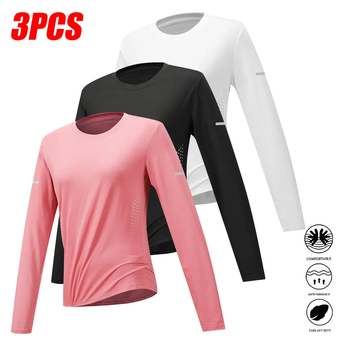 3-pack women’s long-sleeve sports tops, solid color crew neck, reflective stripe design, suitable for workouts, running, yoga, and more; minimalist style, sporty casual wear; women’s top, women’s long sleeves