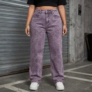 Women's plus size snow-washed purple jeans - high-stretch straight-leg denim pants, relaxed fit with button closure, straight-cut all-season trousers, hand or machine washable, suitable for casual and formal occasions
