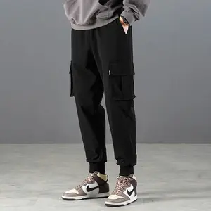 Casual work pants men's spring and autumn Japanese style Hong Kong style straight leg men's pants with multiple pockets, trendy black men's fashion brand ins loose paratrooper casual pants, thick American logging ankle pants