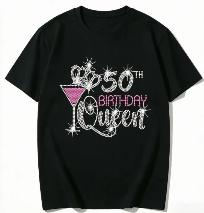 Unisex 100% Cotton 50th Birthday Queen Rhinestone Martini Crown Graphic T-Shirt, 50 Years Old Birthday Party Short Sleeve Tee For Women Men Gift