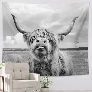 Highland Cow Tapestry Wall Hanging Farmhouse Grey Animal Bull Portrait Decor Rustic  Cattle  for Living Room Home