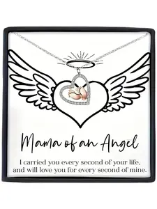 Fashion Copper Zirconia Two-Tone Love Heart Shaped Necklace Set, Elegant Card & Gift Box, Perfect Memorial Day Gift for Angel Mom