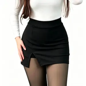 Women's Sexy High Waisted Mini Skort - Black Bodycon Slit Hem Stretchy Short Skirt with Safety Shorts