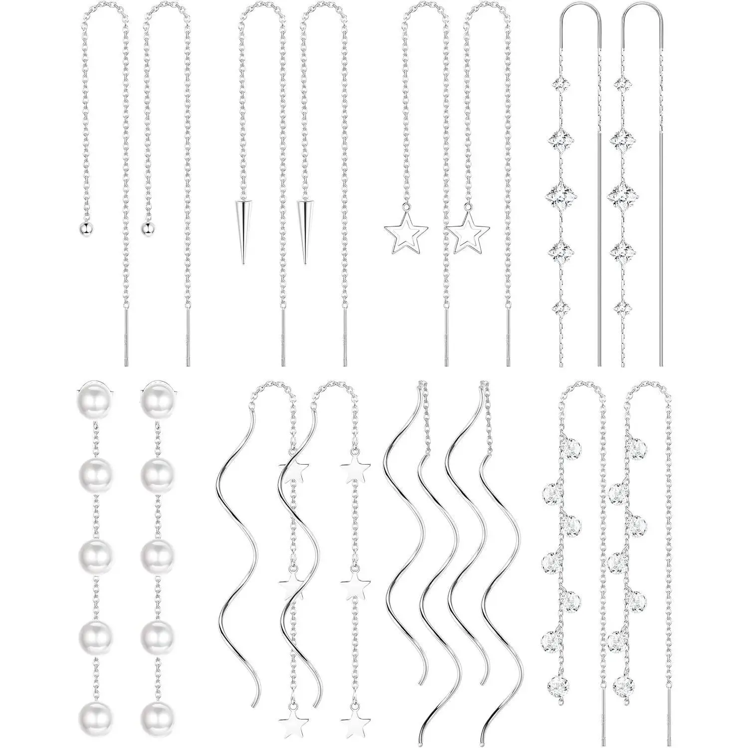 CASSIECA Women's 8-Pair 316L Stainless Steel Silver Earring Stack, Versatile Earrings with Chain Tassel, Double Twist Wave, Lightweight Dangle Drop for Daily Wear, Summer
