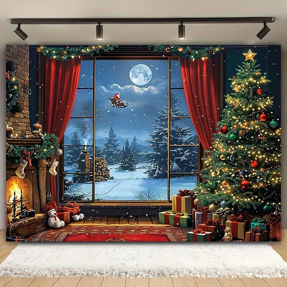 2D Flat Layout Christmas Backdrop Cloth - Cozy Magical Blush Pink Retro Wooden House Tree Warm Color Polyester Banner for Living Room, Outdoor Decoration, Gifts