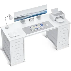 55 Inch Computer Desk with 8 Fabric Drawers, Modern Office Desk with Large Storage for Home Office, Study, Gaming, White