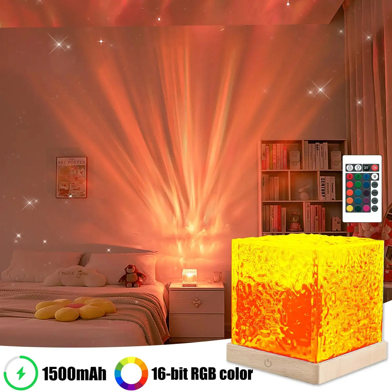 Ocean Wave Projector Light, 16 Color RGB Aurora Water Ripple Lamp with Remote, Rechargeable Dimmable Night Light for Shower, Bathroom, Bedroom & Living Room