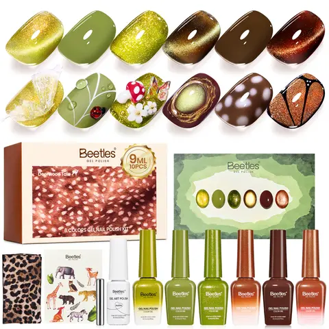Beetles 9ml HEMA-Free Nail Care Set - Gel Colors, Green Brown Cat Eye, Glitter Line, Cream Blend Polish, White Liner, Magnet, UV LED Soak-Off Gel Manicure Kit for DIY Nails at Home