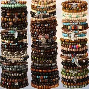 35pcs Vintage Style Bohemian Wooden Beaded Bracelets, Fashionable Stacking Bracelet Set for Women, Ethnic Men'S Outdoor Accessory Collection Halloween&Christmas for Christmas, Newyear, Valentine, Party Events