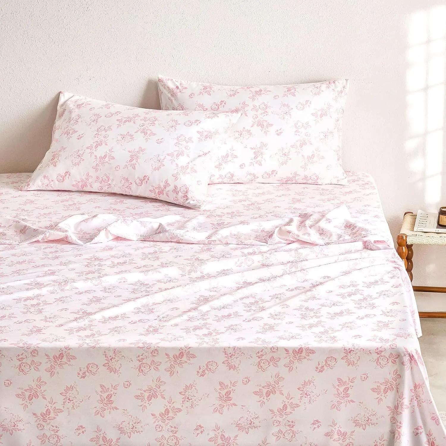 - Floral Bed Sheets, 4- Sheet Set, Shabby Chic Botanical  Cottagecore Vtage Flower  Prted Beddg, Deep Pocket, Pk, Full Size
