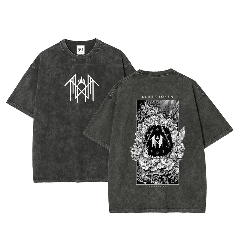 Unisex Sleep Token Graphic Washed Crew Neck T-Shirt - 100% Soft Cotton 280g Short-Sleeve, DTG Process Loose-Fit Menswear Fabric Casual Streetwear Sports Top, Gift for Him
