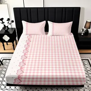 2/3 Piece Pink Checkered Border Theme Pattern Fitted Sheet Set(1*Fitted Sheet+1/2*pillowcase,no Filling)soft And Comfortable Bedding Set,all Season Use,machine Washable,perfect Gift For Family Festivals Christmas New Year