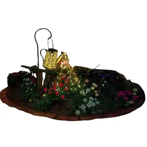 Front Porch Lawn Decorative Solar Watering Can with Cascading Fairy Lights and Metal Lantern