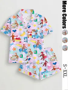 Kids Monkey Print Summer Pajama Set, Colorblock Hem Short Sleeve Two-Piece Set, Girl Style, Three Colors Available, All Seasons