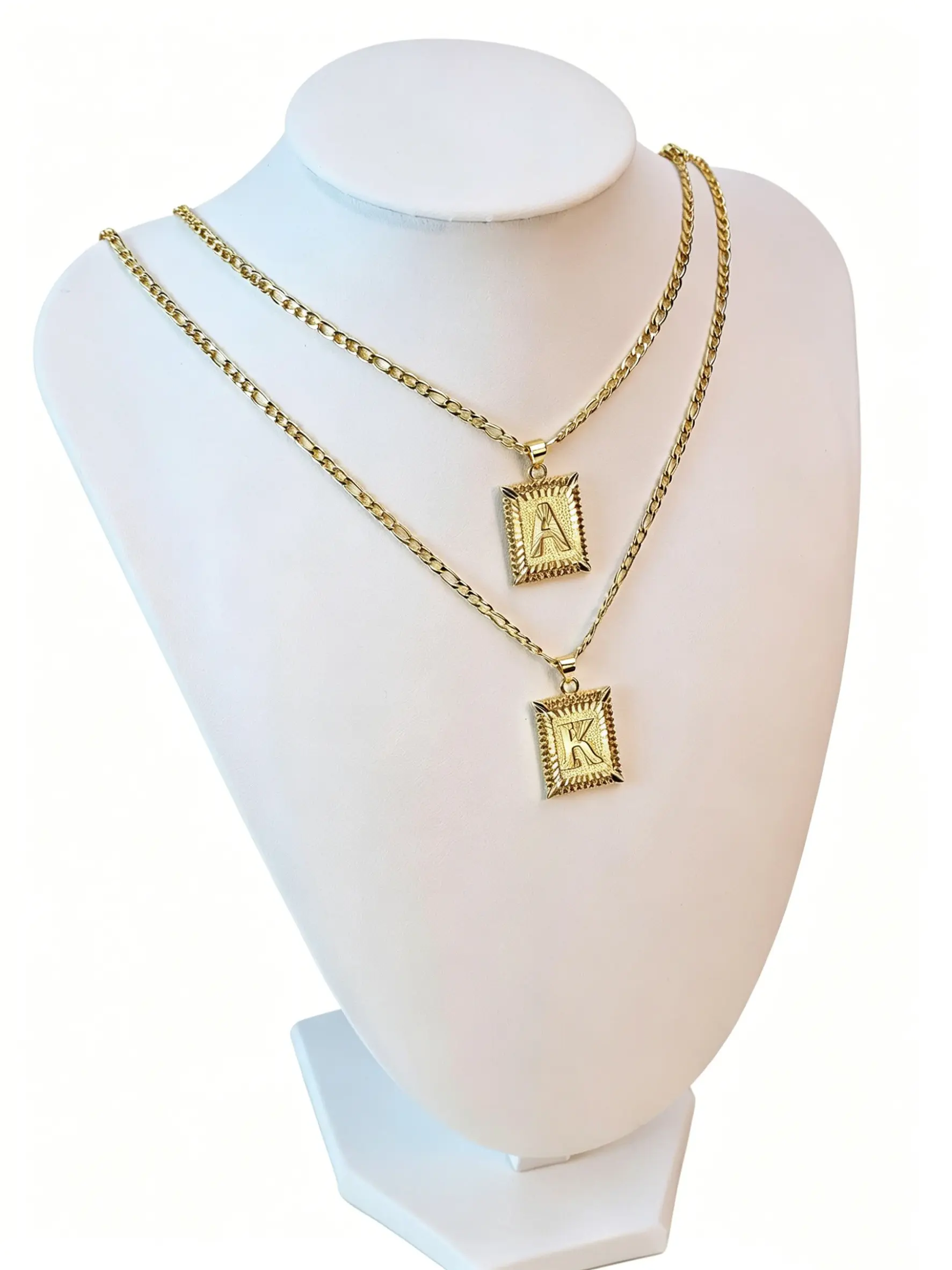 Hip Hop Initial Necklace, First Letter Necklace, 14K Gold Plated, Stackable Figaro Chain, Bold Textured Pendant, Accessory for Graduation Parties & Everyday Style, Personalized Square Pendant, Unisex, Graduation Gift