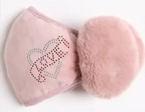 Rhinestone Mask with Earmuffs Pink Heart Design Extra Ear Loops Included Face Gloves Style