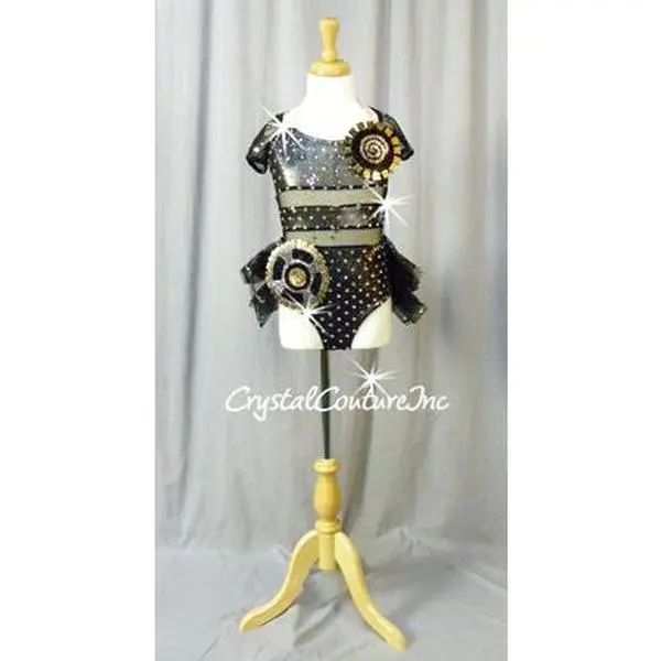 Custom Black/Silver Shimmery Leotard with Sheer Ruffle Skirt - Swarovski Rhinestones