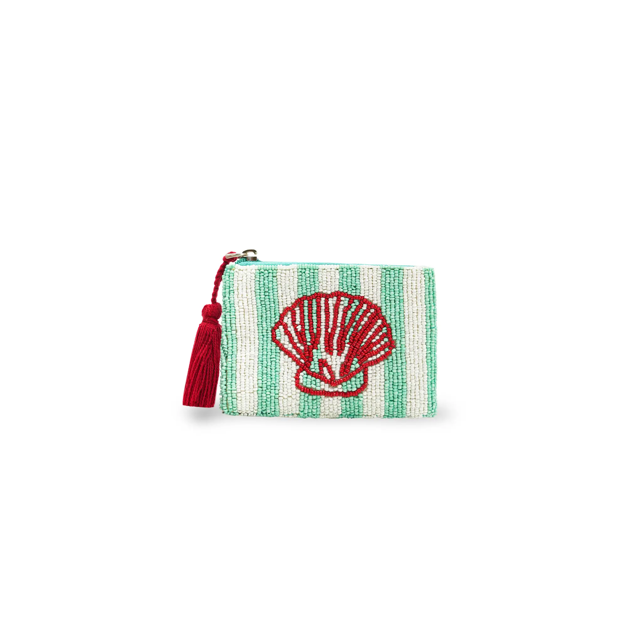 America & Beyond Stripe Shell Beaded Coin Pouch – Handcrafted Coastal Zip Wallet with Tassel, Beach-Inspired Card Holder & Mini Travel Pouch, 5" x 3.5"