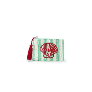 America & Beyond Stripe Shell Beaded Coin Pouch – Handcrafted Coastal Zip Wallet with Tassel, Beach-Inspired Card Holder & Mini Travel Pouch, 5" x 3.5"
