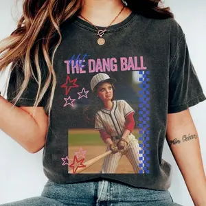 Hit The Dang Ball Baseball Shirt, Trendy Retro Game Day Season Tee, Doll Funny Ballfield Dark Shirt L