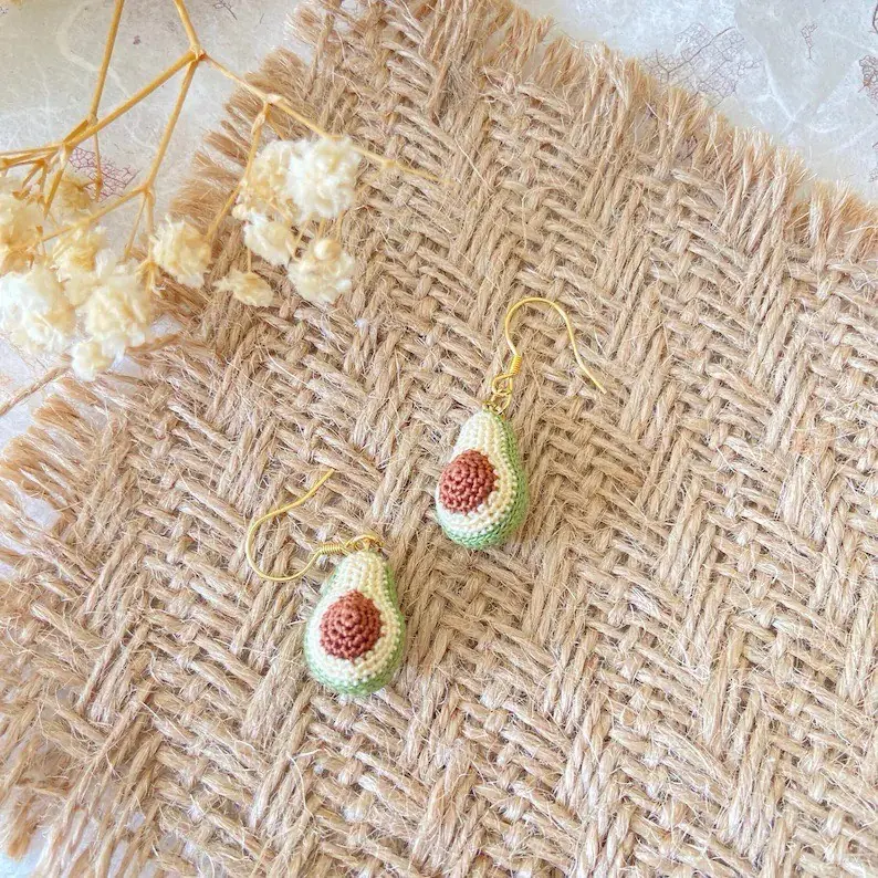 Microcrochet Avocado Earrings - Adorable Handcrafted Design with Gold Hooks and Colorful Avocado Motif