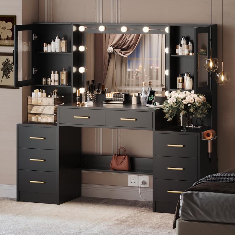 58.3”Vanity Desk with Mirror and Lights & Charging Station,Bedroom Dressing Table,Large Vanity Set,8 Drawers and 2 Cabinets,Makeup Vanity Table with Charging Station, Without Stool