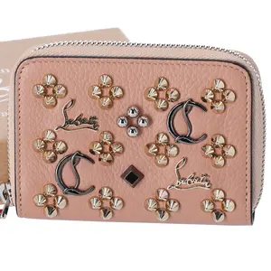 Pre-owned christian louboutin Rayon Small Leather Goods Wallet Beige Solid 3175223 Panettone Coin Case Wallet Beige Gold Leather Studs