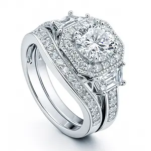 BERRICLE Sterling Silver Halo Art Deco Engagement Rings Statement Stackable Band for Women, Round Cut Cubic Zirconia CZ Ring Set