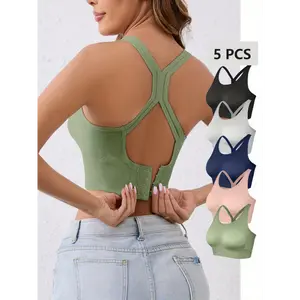 [5pcs Wireless Sports Bras] 5pcs Women's Sports Bras with Removable Pads - Wireless, Adjustable Fit, Cross-Back Design for Yoga, Running & Fitness
