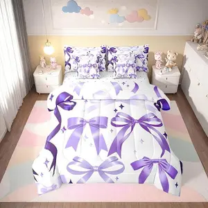 Purple Bowknot Comforter Set,7 Pieces,Girly Bedroom Gift 3D Watercolor Bow Bedding Set,Romantic Bowknot Kids Bedroom Gift (Comforter+Fitted+Flat Sheet+2 Pillowcases+2 Throw Pillow Covers)