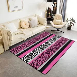 Leopard Living Room Rugs,Pink Black White Stripe Cheetah Indoor Floor Mat,Non-Slip Area Rug,Safari Animal Zebra Print Non Slip Area Runner Rug