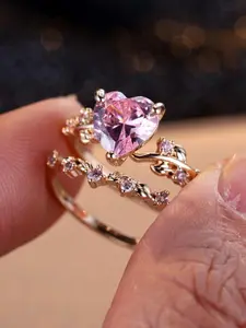 Fashion Heart Design Rhinestone Decorated Ring (2counts), Elegant Exaggerated Ring, Elegant Trendy Accessories for Women, Party, Daily Clothing Decor, Trendy All-match & Exquisite Jewelry for Birthday Gift, Prong Ring
