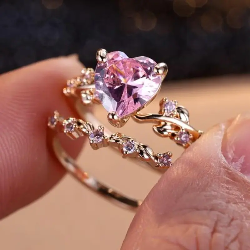 Zirconia Inlaid Heart Design Rhinestone Decorated Ring (2counts), Beautiful Rings, Exaggerated Ring, Trendy Women's Jewellery, Party & Daily Decor, All-match Exquisite Birthday Gift, Prong Ring