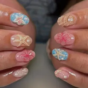 24pcs Short Almond Nail Art Set, 3D Gel Stickers with Ocean Theme Decorations, Includes Jelly Glue and File, Perfect for Daily Use