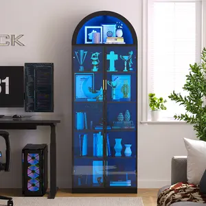 Dystler Arch Display Cabinet with Doors and Adjustable Shelves, 76" Tall Curio Cabinet with LED Lights/Storage Space, 6 Tier Display Case Bookcase for Collectibles Bedroom Living Room Office, Black/White