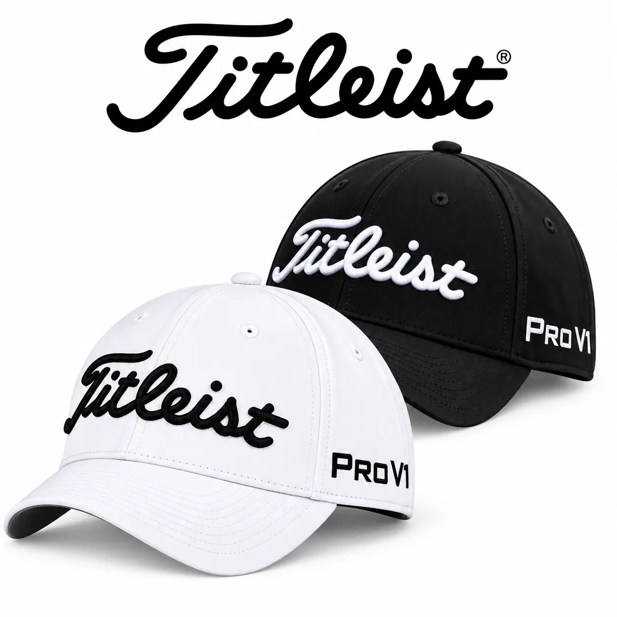 (Pack 2) Titleist Standard Tour Performance Prior Generation Golf Hat, Unisex Adjustable Breathable Hat, Structured Front Panel with Curved Bill, 50+ UPF Sun Protection for Golfing, Outdoor Sports, Training, Travel & Everyday Wear - Black/White