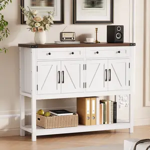 47" Modern Farmhouse Sideboard Buffet Cabinet, Wooden Console Storage Cabinet with 2 Drawers and 2 Barn Doors for Kitchen Dining Room Living Room Entryway