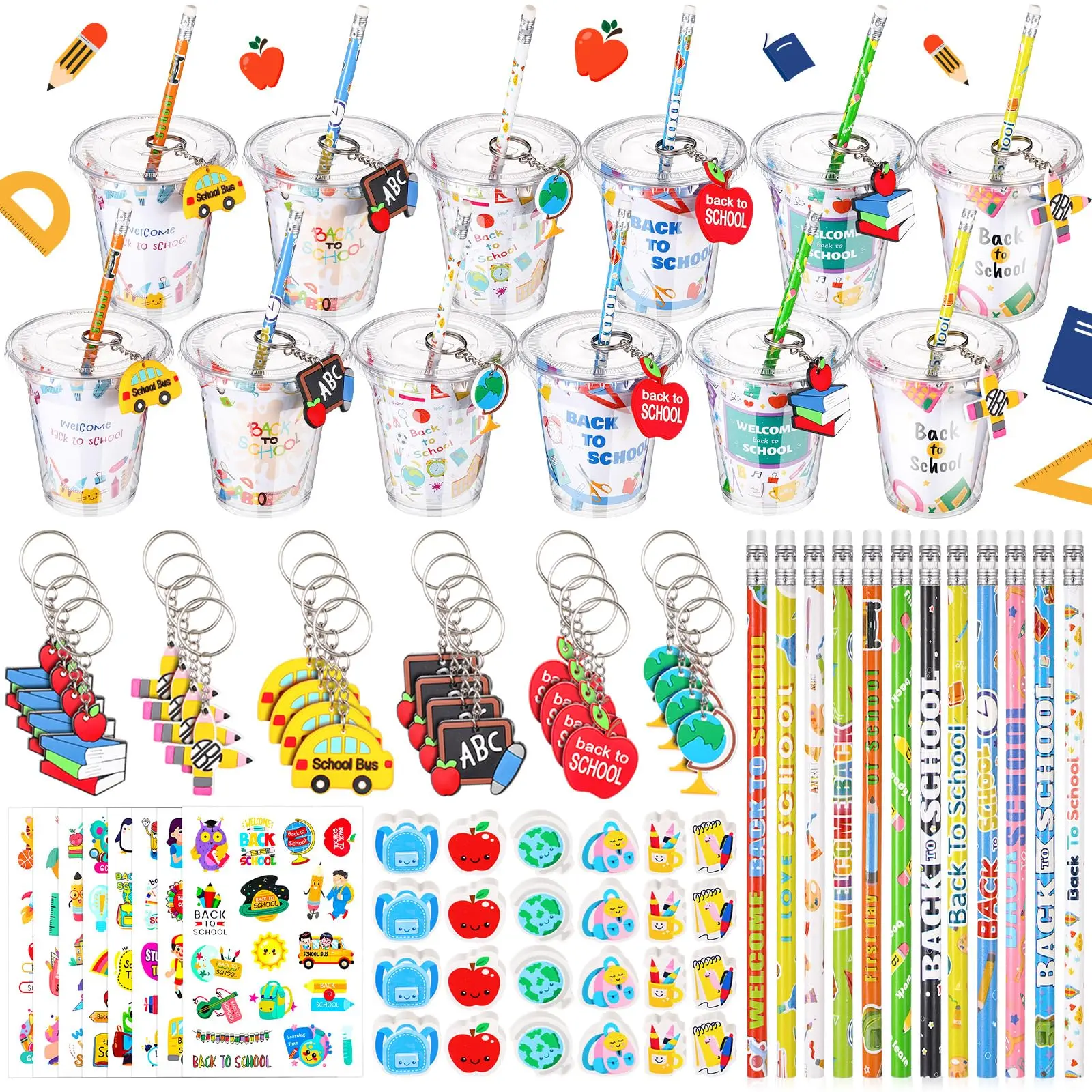 24-Set Lightweight Plastic Back to School Gift Bag Fillers for Students, Dome-Lid Disposable Cups, Straws, Keychains, Decor, Silicone Bracelets, Pencils, Stickers for Class Rewards, Party Favors