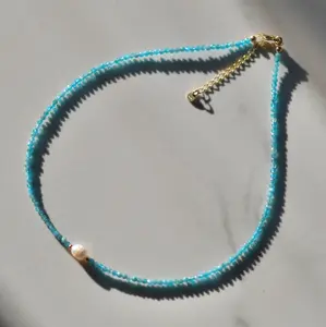 Pearl Accent Tiny Gemstone Beaded Necklace, Dainty Faceted Gemstone Necklace, Waterproof Crystal Choker, Gold-Filled, Stainless Steel