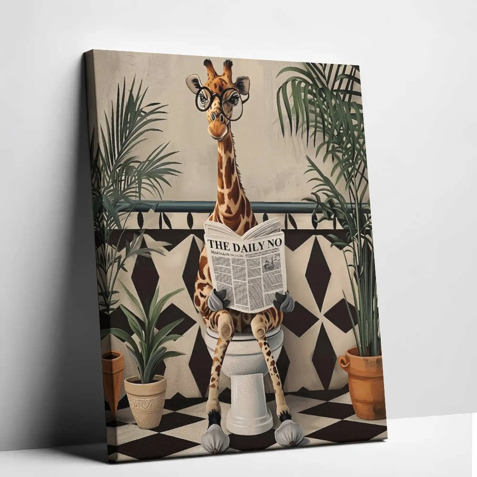 Funny Bathroom Canvas Painting Unframed - Cute Giraffe Reading Newspaper Wall Decor, Humorous Toilet Restroom Poster, Modern Quirky Animal Artwork for Living Room