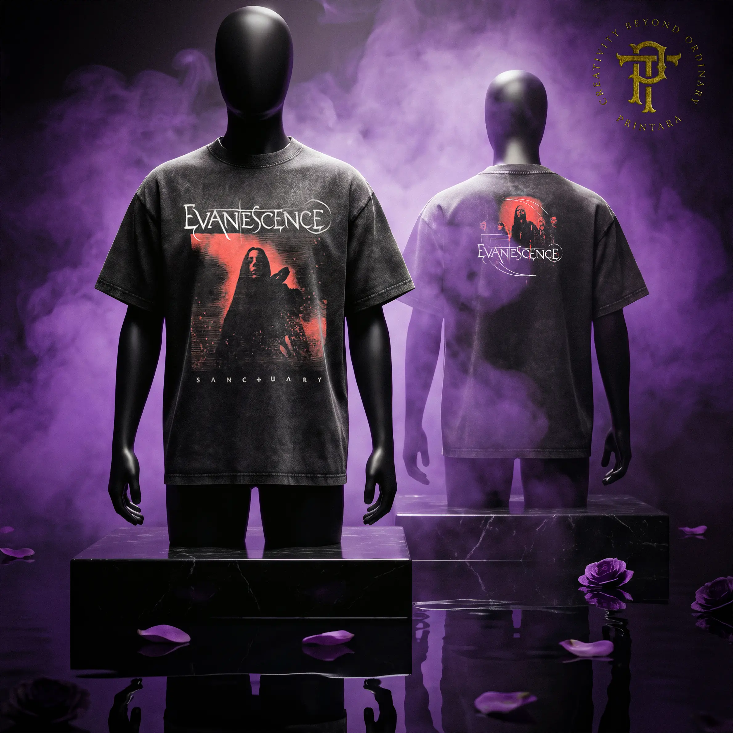 Men's Evanescence Sanctuary Album Graphic Round Neck Short-Sleeve Cotton Oversized Tee, Alternative Rock Gothic Merch, Dark Aesthetic Streetwear Gift for Music Fans, Soft Relaxed Fit Seamless Tops