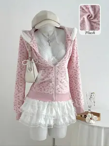 Women's Leopard Print Colorblock Wool Lined Hoodie Jacket, Soft Comfortable Fall Winter Fashion, Perfect for Back to School and Home Wear