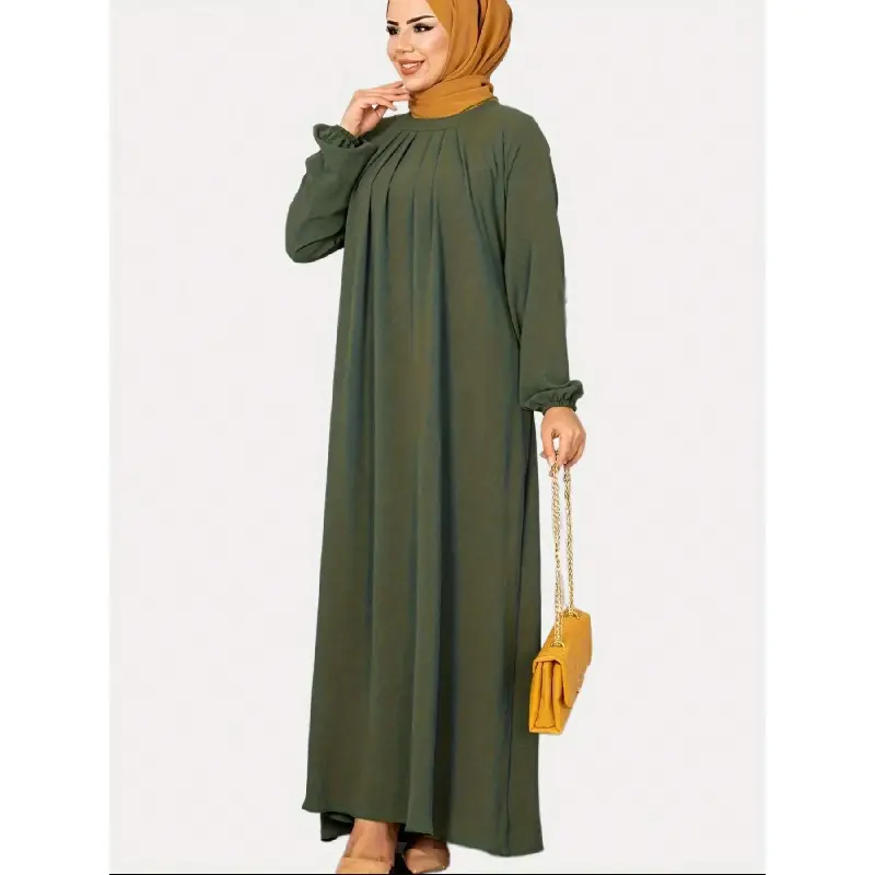 Women's Modest Solid Plicated Bishop-Sleeve Maxi Tunic Dress, Casual Round-Neck All-Season Muslim Gowns for Daily Wear